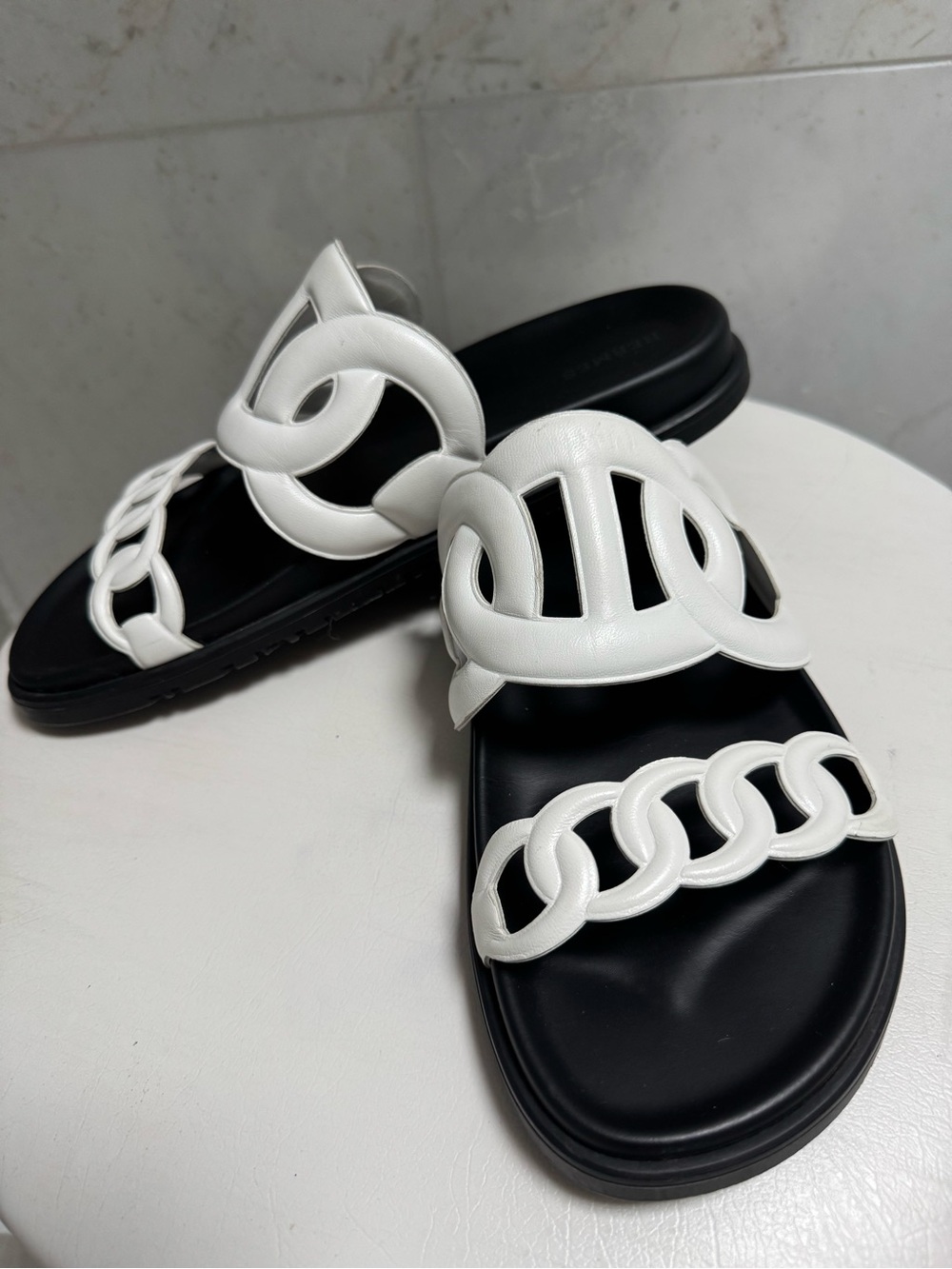 Hermes Extra White Chain-Link Slide Sandals